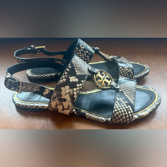 Tory Burch Metal Miller Snake Print Two Band Sandal 8M Gold Logo - Picture 8 of 13